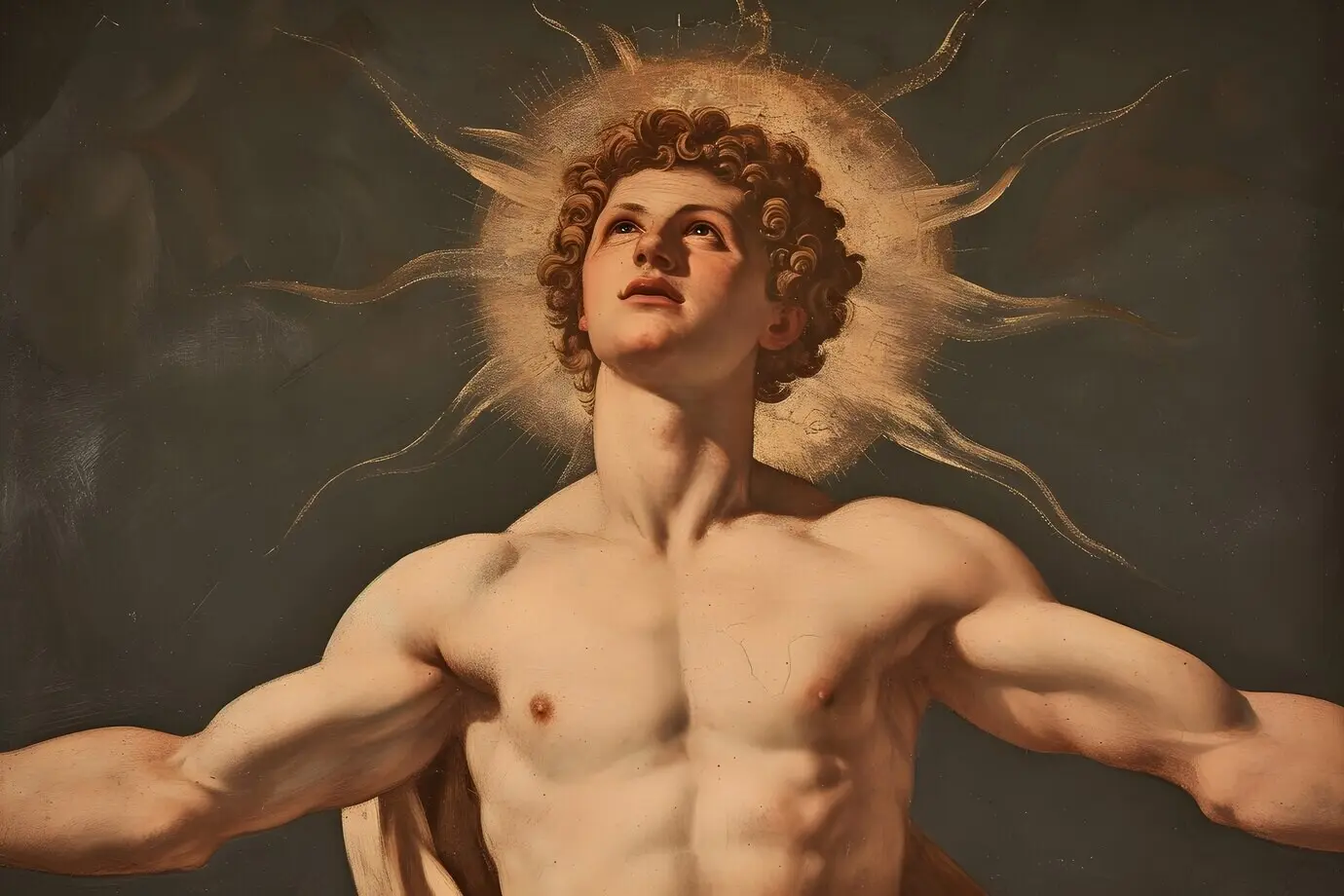 Sonnengott, dargestellt als mächtiger Mann in einer Renaissance-Szenerie.