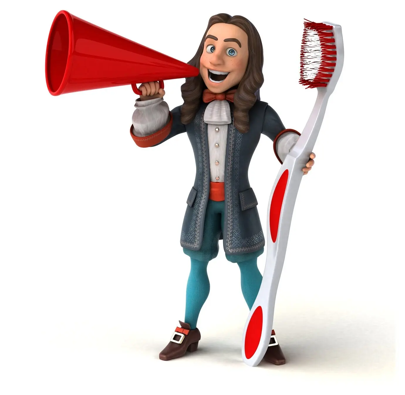 3D-Illustration eines comicartigen Mannes in historischem Barockkostüm